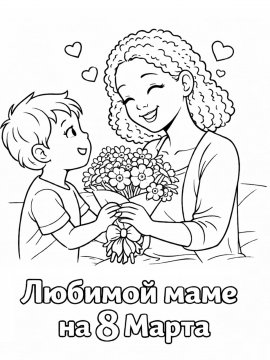 Раскраска Мать и сын с хризантемами на 8 марта