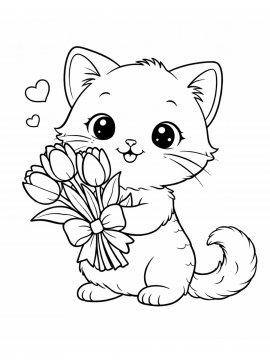 Раскраска Котёнок с букетом тюльпанов