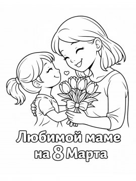 Раскраска Мама и дочка с тюльпанами на 8 марта