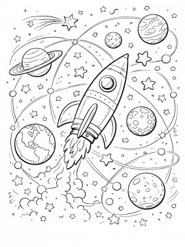 Раскраска космическая ракета с планетами и звездами