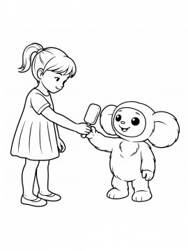 Раскраска Девочка угощает Чебурашку мороженым