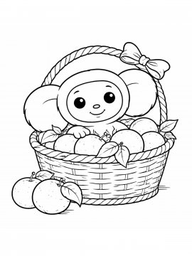 Раскраска Чебурашка в корзине с апельсинами