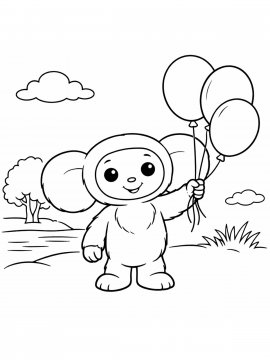 Раскраска Чебурашка с воздушными шарами