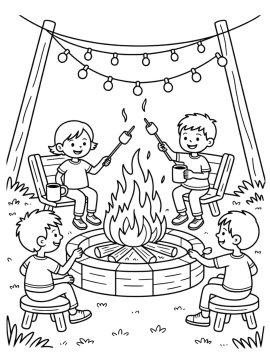Четверо детей жарят marshmallows у костра