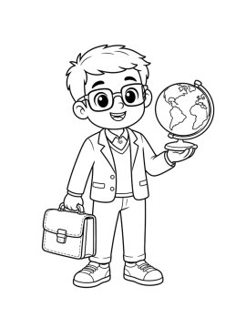 Мальчик в костюме с глобусом и портфелем