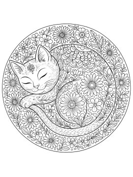 Кошка, свернувшаяся в мандалу с цветами