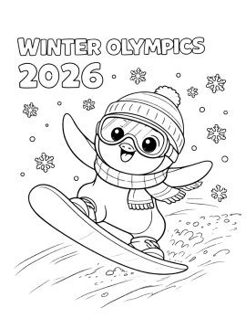 Пингвин на сноуборде среди снежинок олимпиады
