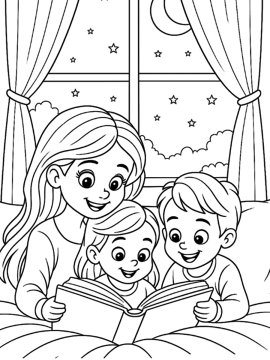 Мама с детьми читает книгу перед сном