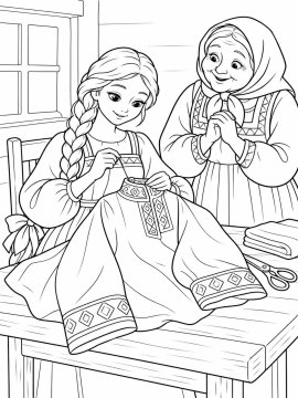 Раскраска «Василиса Прекрасная»: Василиса шьёт украшенную узорами рубашку рядом со старушкой